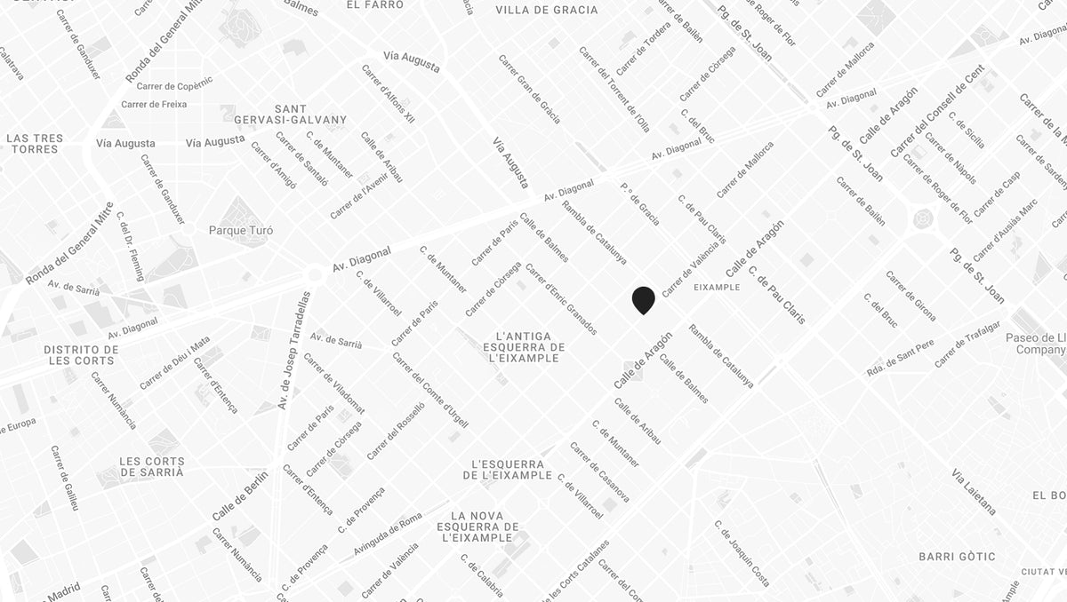 Mapa de Barcelona con un marcador que señala la ubicación de Suitto en l'Eixample, C/ València junto a C/ Aragó