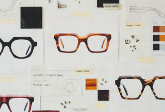 Moodboard de diseño con monturas Suitto y muestras de color sobre un panel de referencias